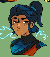 A digital drawing of a young man from the shoulders up. He has tan skin and blue hair in a ponytail with a fringe. He has red eyes and a blue butterfly cloak on.